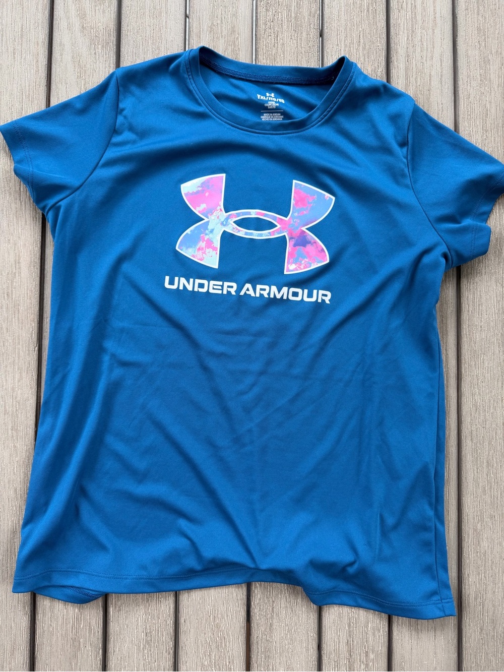 Under Armour Girls Blue Short Sleeve Logo Tee with Pink Accent